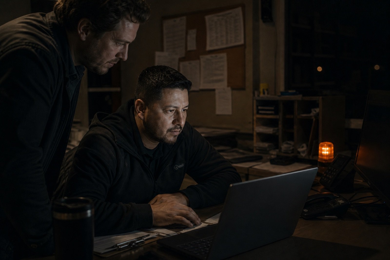 Illustrative reenactment of the operator reviewing a call outcome with a collaborator