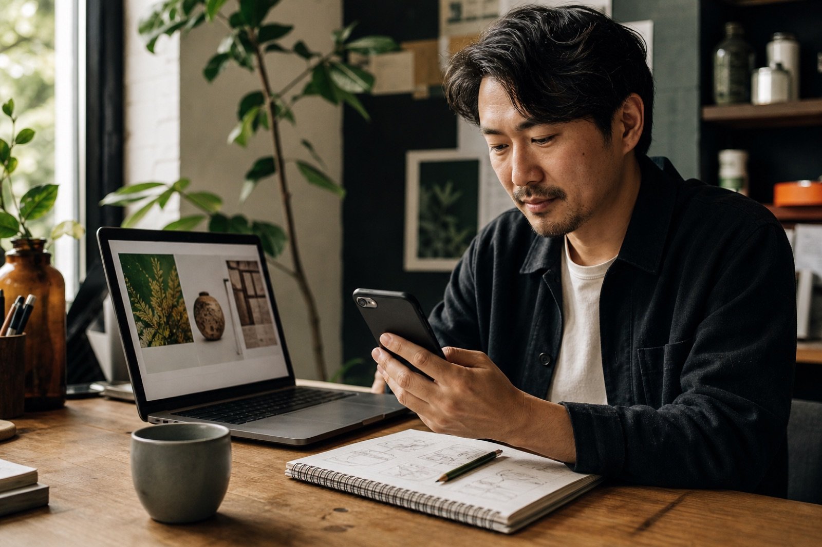 Illustrative reenactment of a small-business owner testing a responsive website on a phone